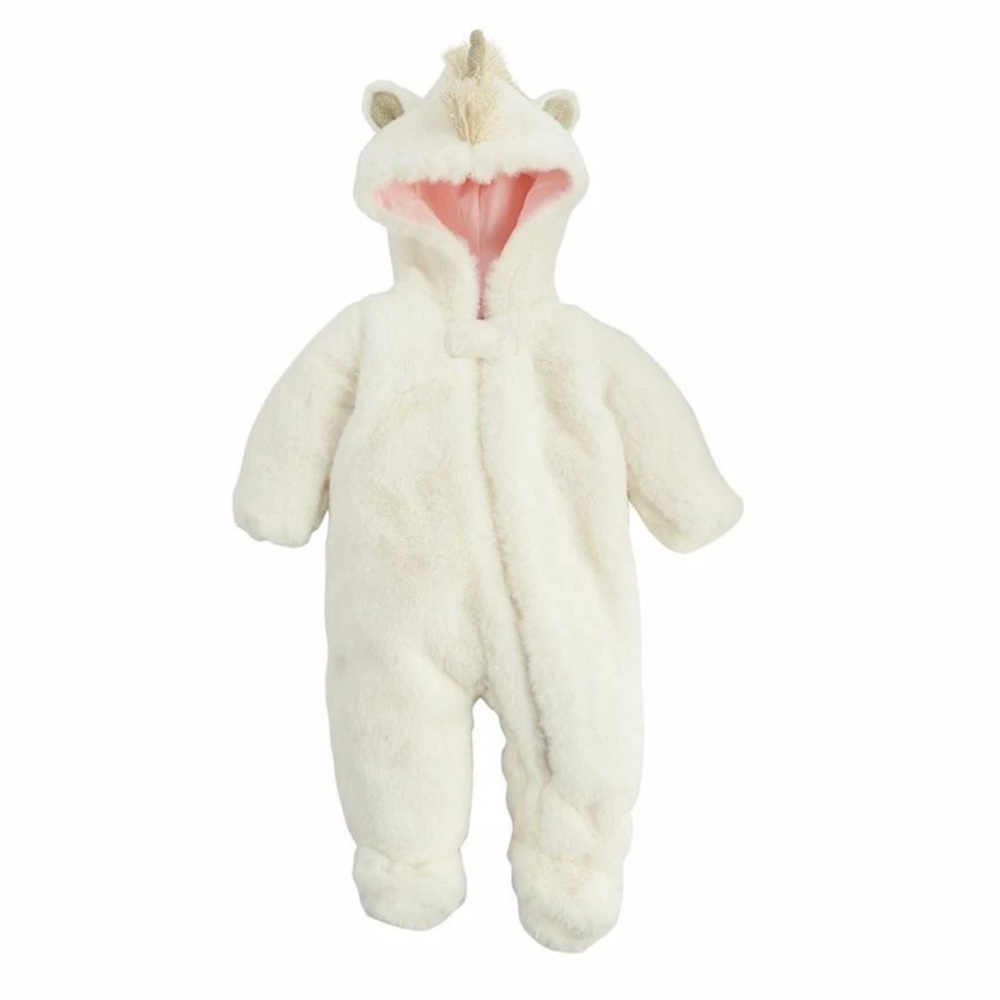 Mud Pie Cream Faux Fur Unicorn Bunting Zip Up